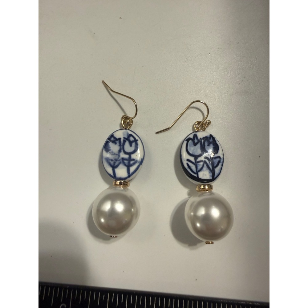Blue White Ceramic Tulip Pearl Drop Earrings Chinoiserie Floral Gold Tone Hooks